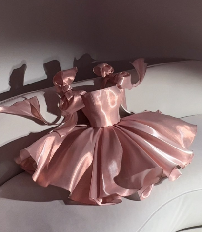 Cute Ball Gown Straps Pink Satin Short Formal 8th Grade Homecoming Dresses Middle School Cocktail Dress Hoco Outfits DH2591 – Wchecalino